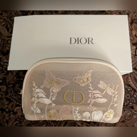 Dior Cream Floral Embroidered Cosmetic Bag New With Box - Picture 1 of 6